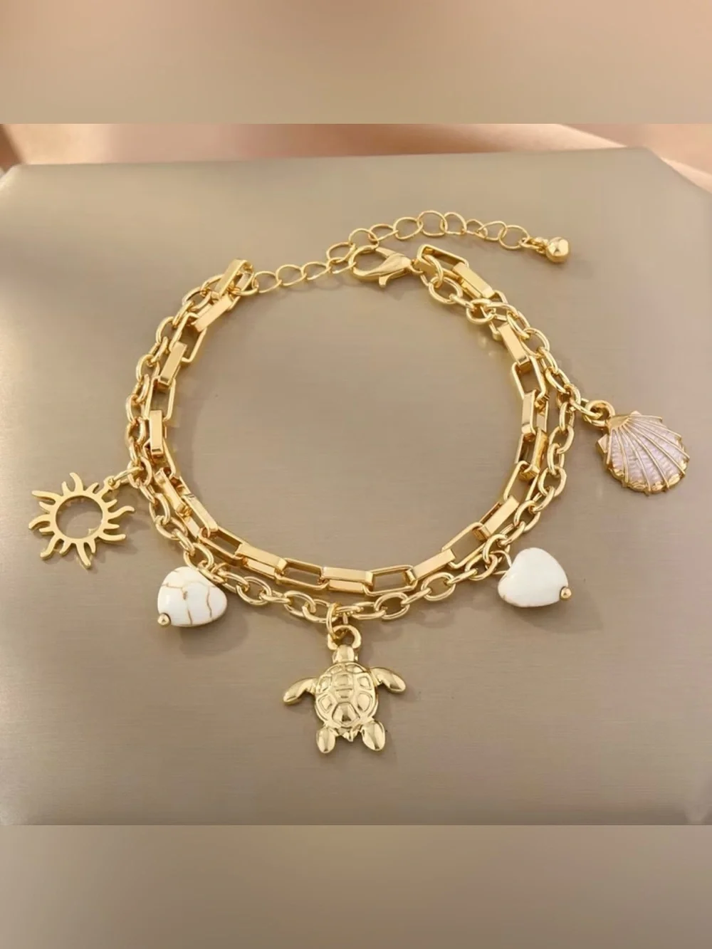 NEW! Gold Turtle Charm Bracelet with White Stone Hearts. Beach bracelet 🐢 A4-150